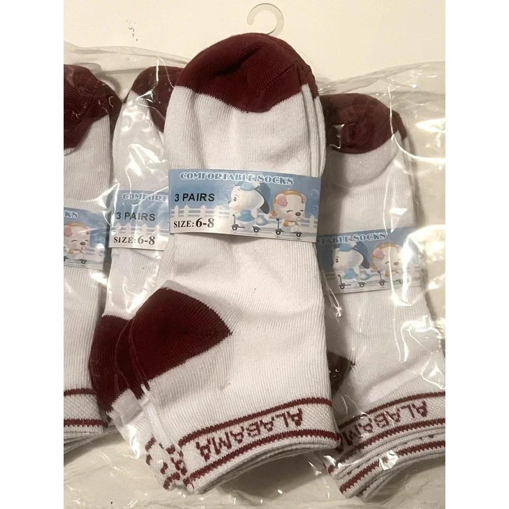 12 Pairs Kids Alabama Crimson Tide Ankle Socks – Size 6-8 – White & Crimson NEW